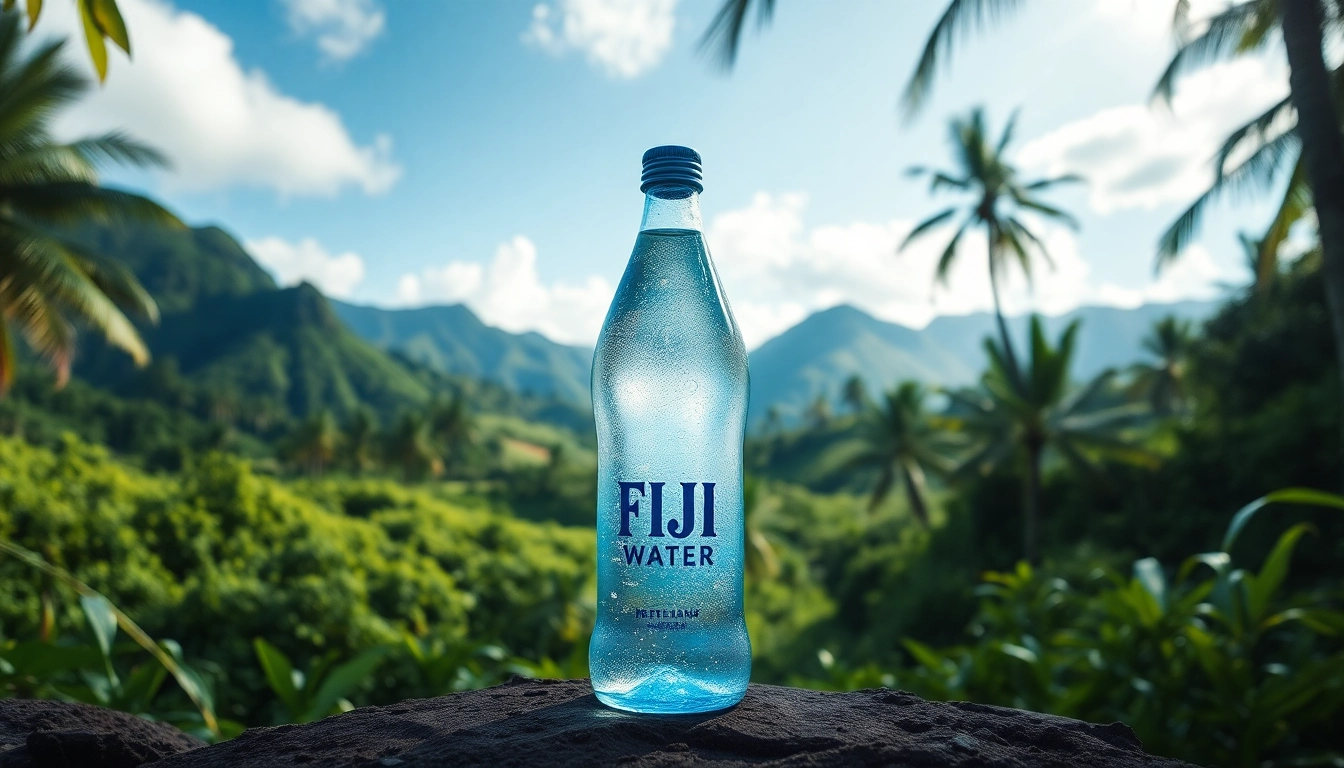 Quench thirst with Fiji Water, showcasing the iconic bottle against a stunning Fijian backdrop.