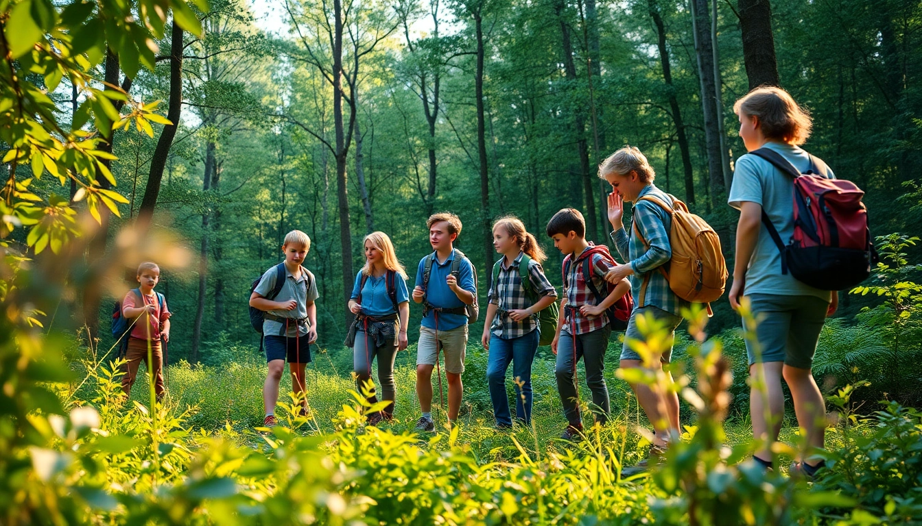 Tropem przygod team-building activities in a vibrant forest setting with young explorers engaging in exciting adventures.