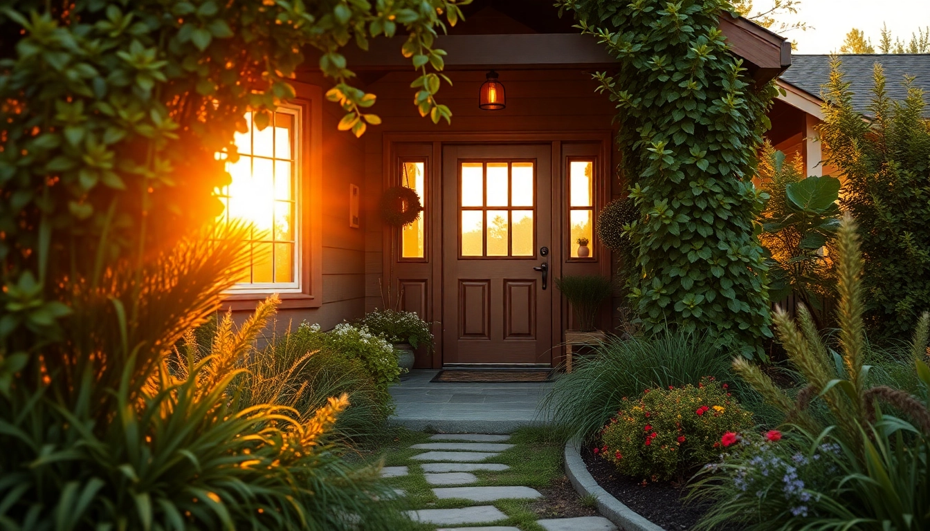 Cozy lubie dom entrance adorned with flowers, welcoming visitors to a serene garden home.