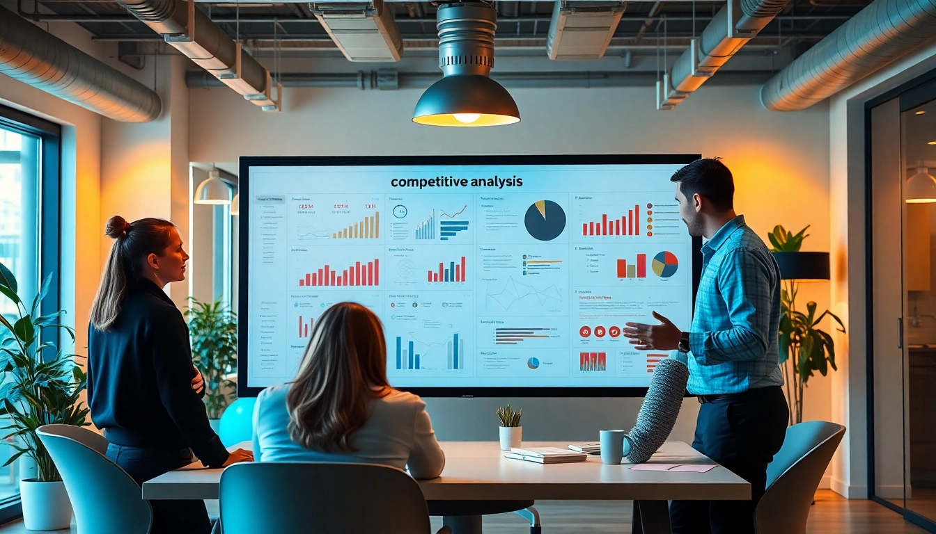 Illustration of a competitive intelligence company team analyzing data in a collaborative office environment.