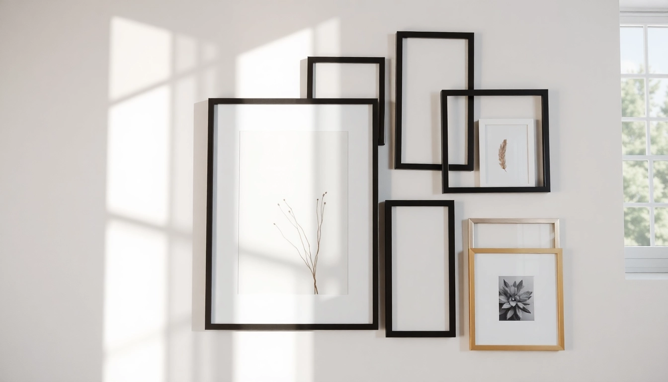 Stylish modern design picture frames showcasing various artistic styles on a minimalist wall.