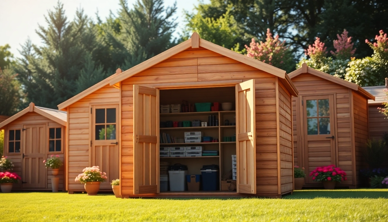 Showcasing custom storage sheds with various designs in a beautiful garden setting.