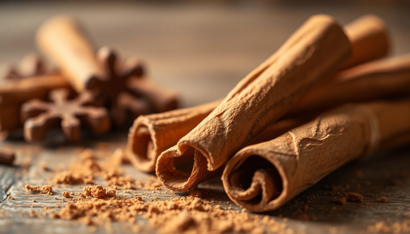Cinnamon Bark showcasing rich textures and colors on a rustic wooden background.