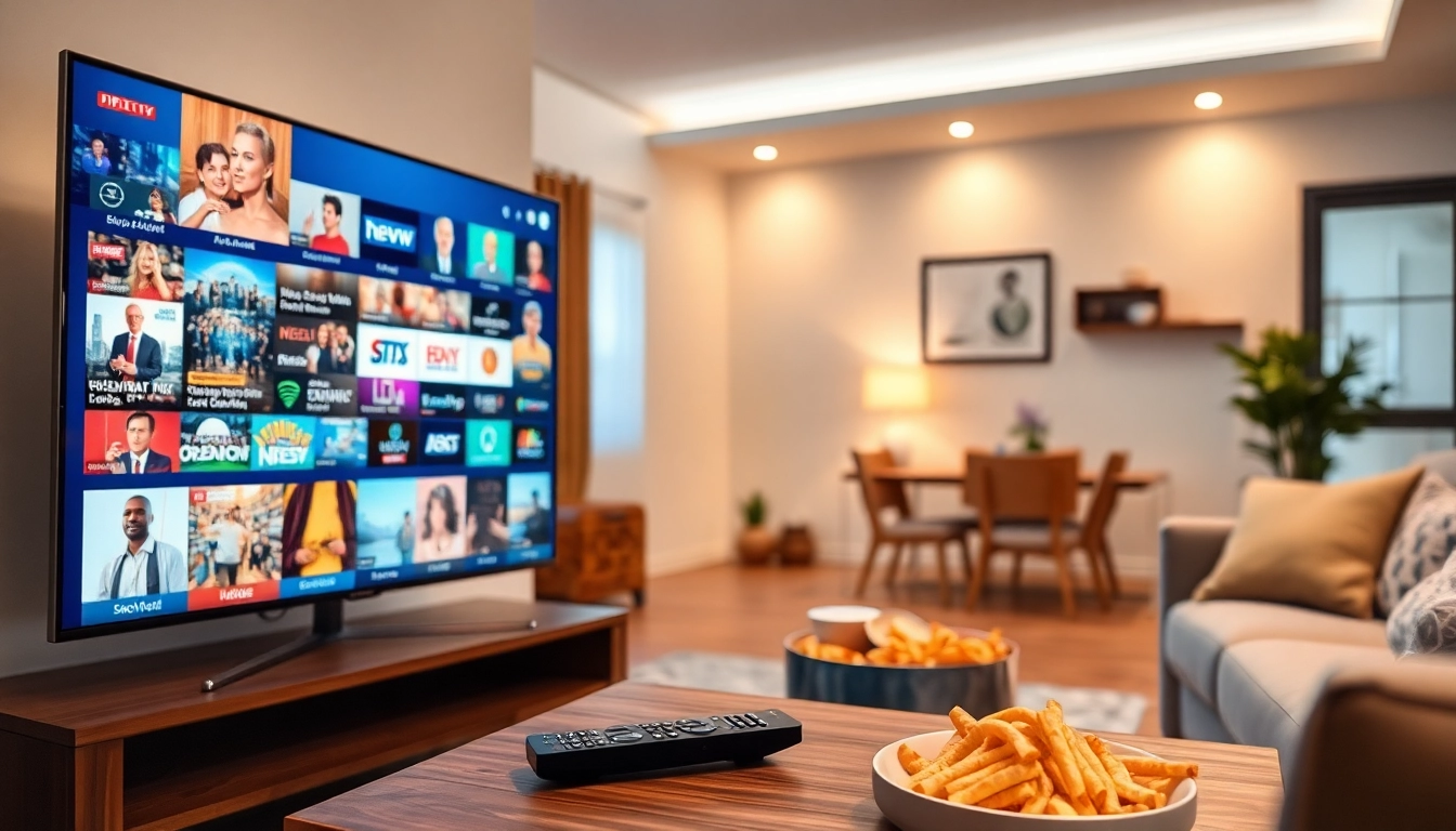 Trying Free trial iptv with a vibrant display on a modern TV in a cozy living room setting.