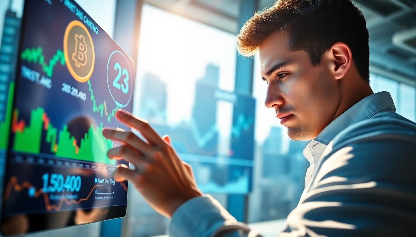 Buy BasedChadHQ coin with a professional trader engaging with dynamic cryptocurrency graphics.
