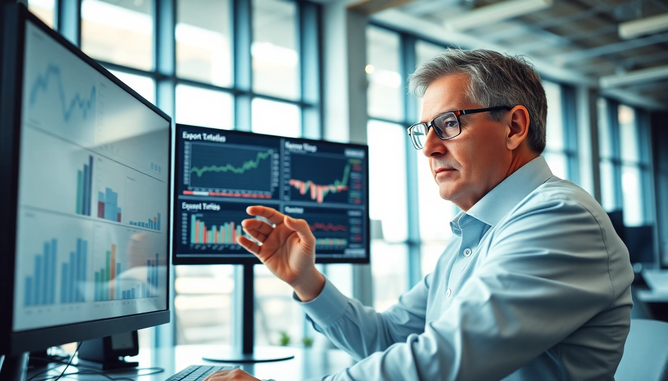 Analyze export tariffs with a professional financial analyst in a bright office.