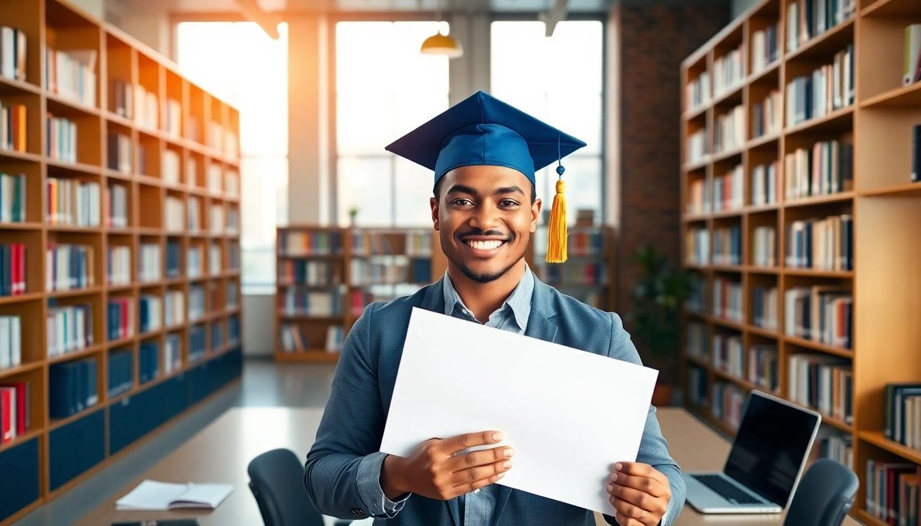 Buy master degree UK - Professional graduate proudly displaying a diploma in a modern office.