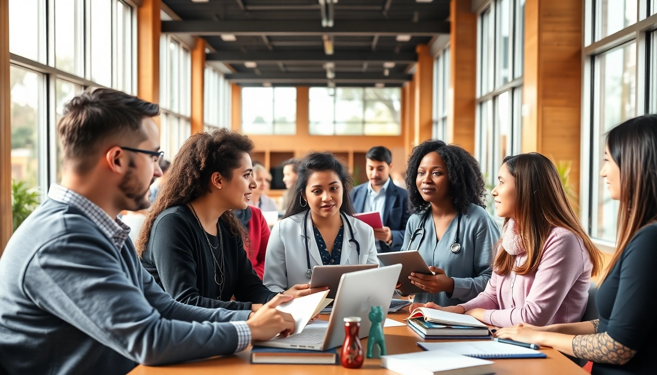 Studierende diskutieren Alternativen zum Medizinstudium in einer professionellen Lernumgebung.