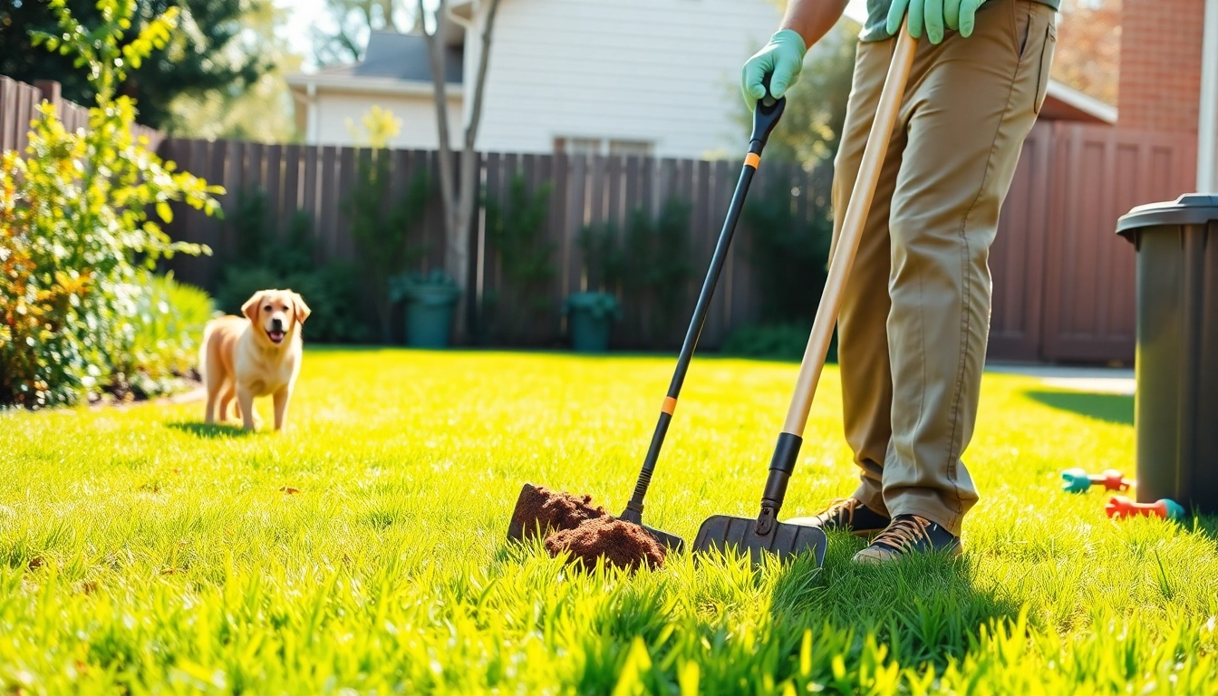 Weekly dog poop scooping service in action, showcasing a technician in a well-kept backyard.