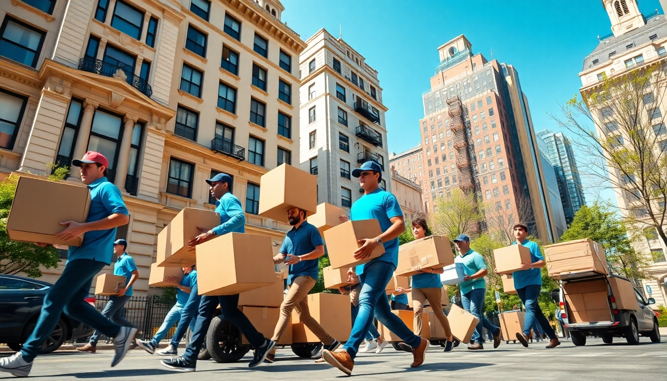 Professional movers carrying boxes during a residential move with skyline in background, representing a moving company nyc.