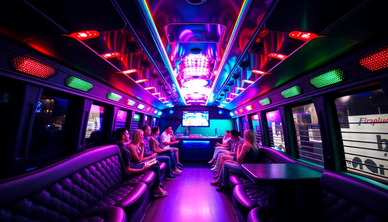 Experience the vibrant interior of an atlanta party bus, featuring colorful lights and plush seating for an unforgettable ride.