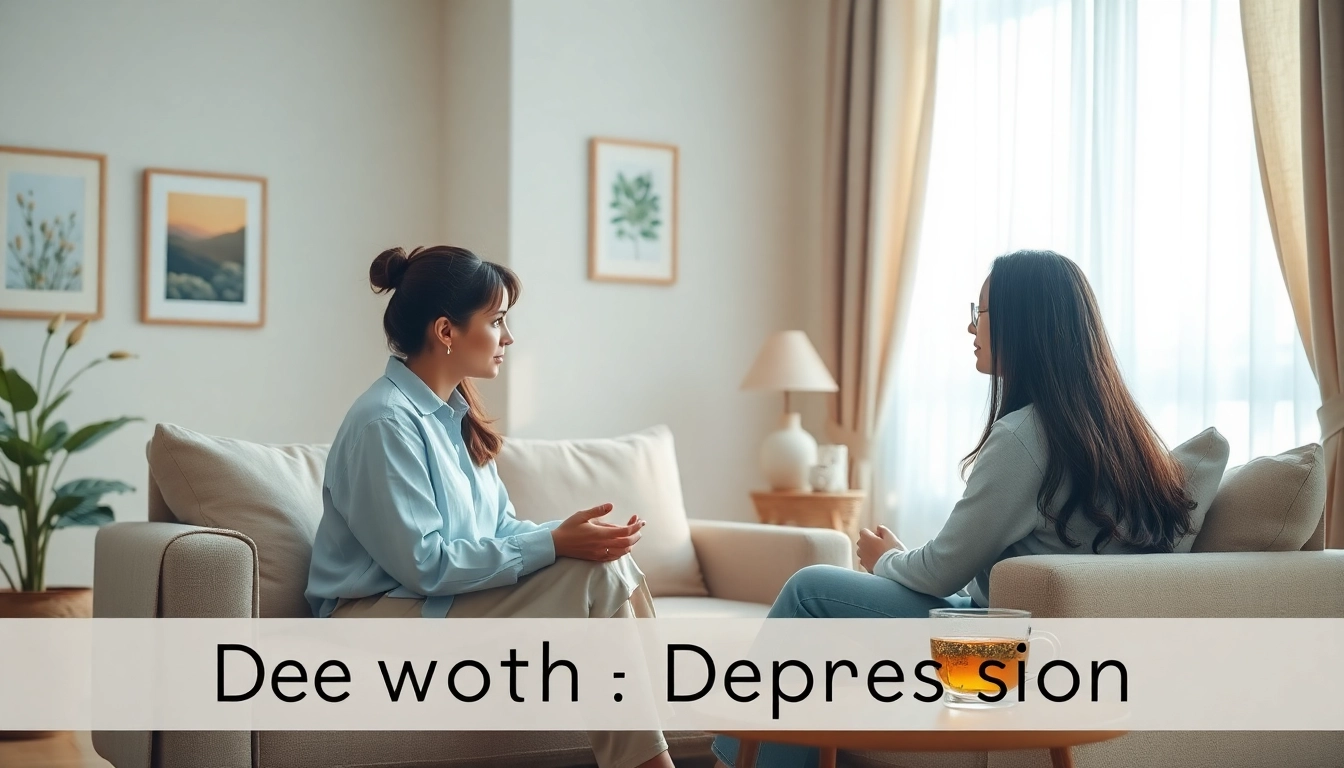 Illustration of a serene therapy session focusing on dealing with depression with warm lighting.