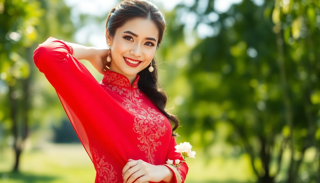 Model showcasing Vietnamese Áo Dài in vibrant colors amidst lush greenery