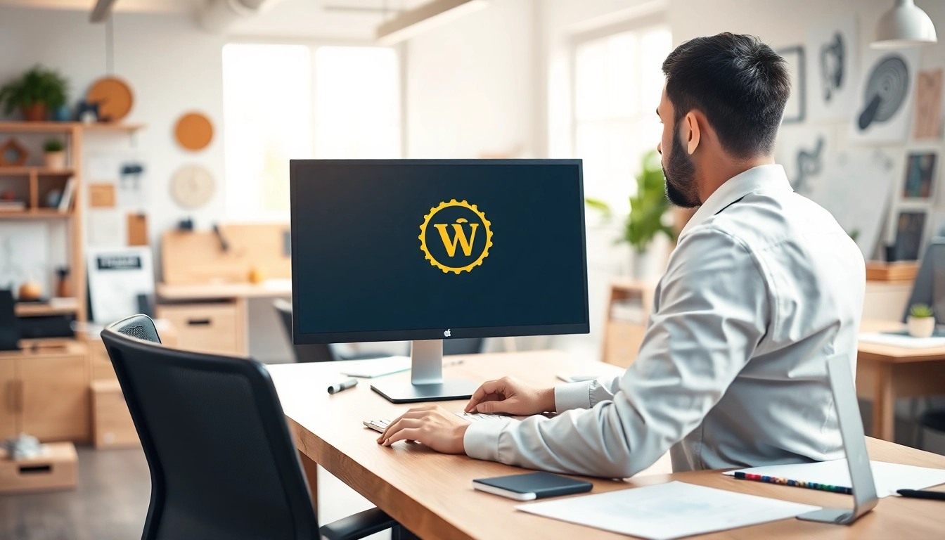 Creating a trademark logo design with vibrant studio setup and tools.