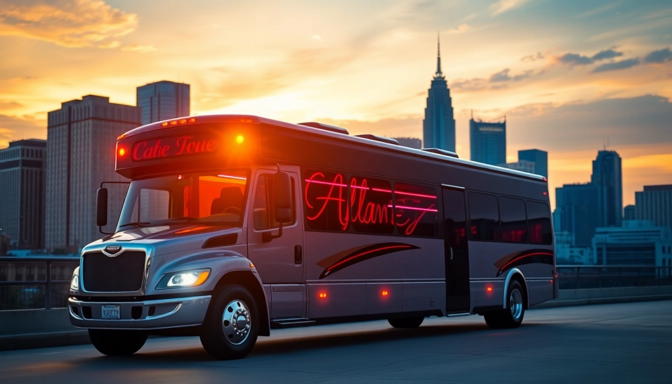 Atlanta party bus featuring elegant interiors and modern amenities, poised against a stunning twilight skyline.