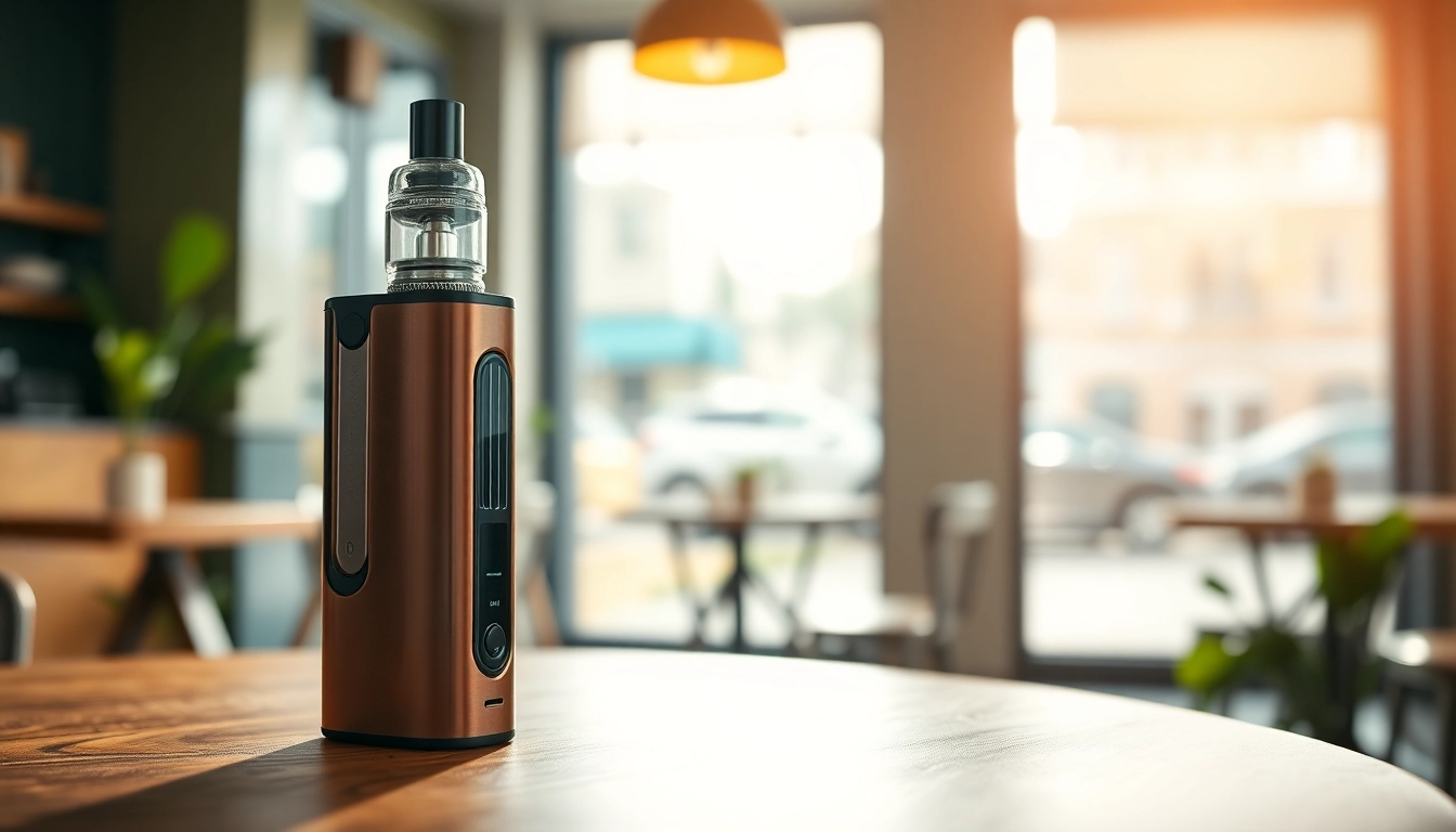 Vape no nicotine device on a wooden table in a cozy coffee shop setting.