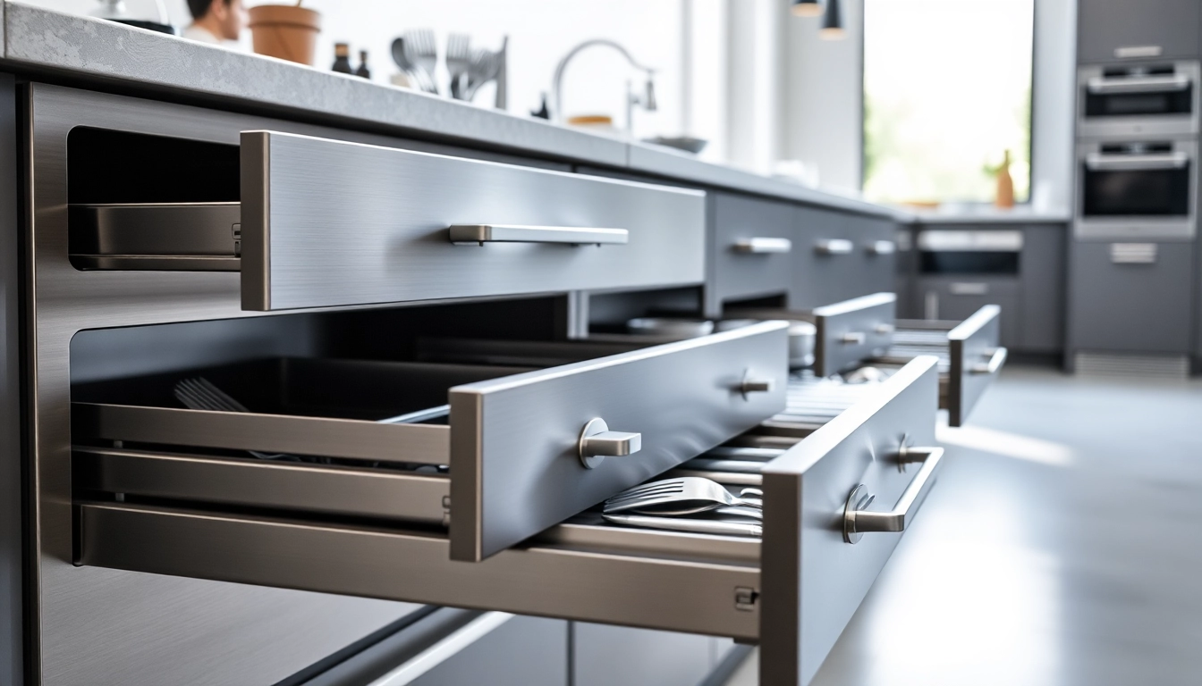 Highlighting a Metal Drawer System with sleek design in a modern kitchen environment.