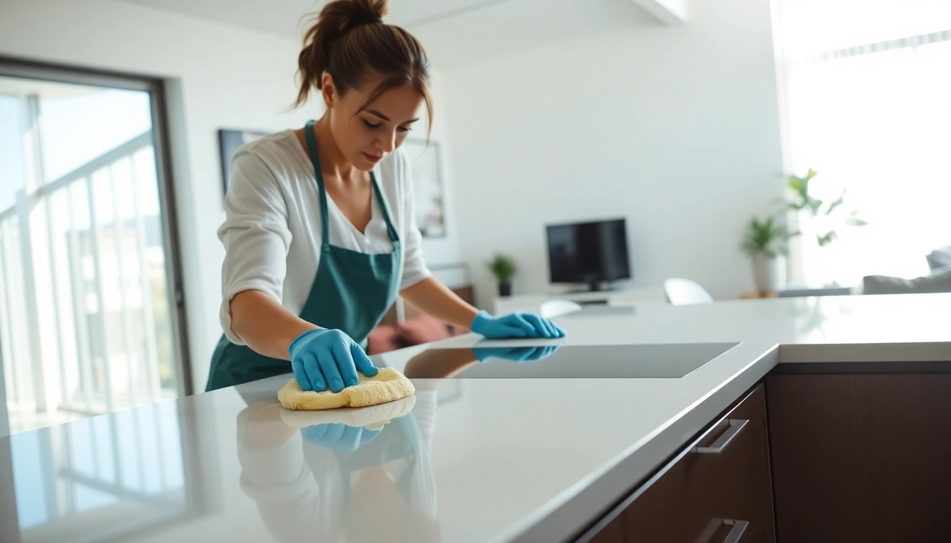 Bond cleaning Brisbane services underway, showcasing professional cleaners in a bright, modern apartment.