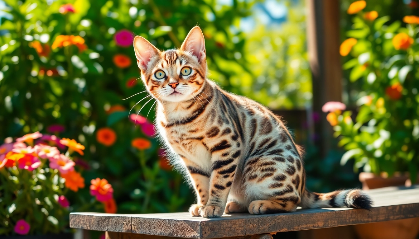Bengal Breeders Orange County showcase a playful Bengal cat in a sunlit garden, highlighting its beauty.