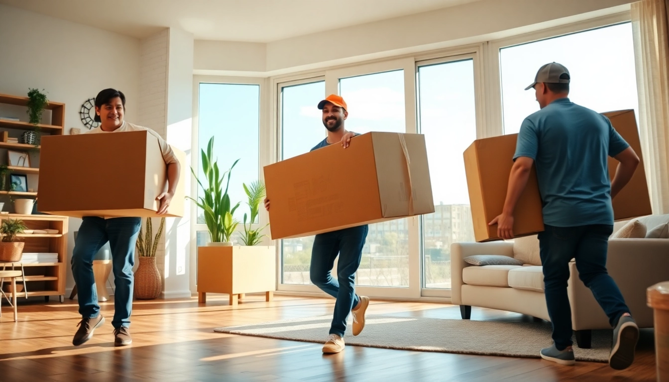 House moves with professional movers efficiently relocating furniture in a modern, warm living room.