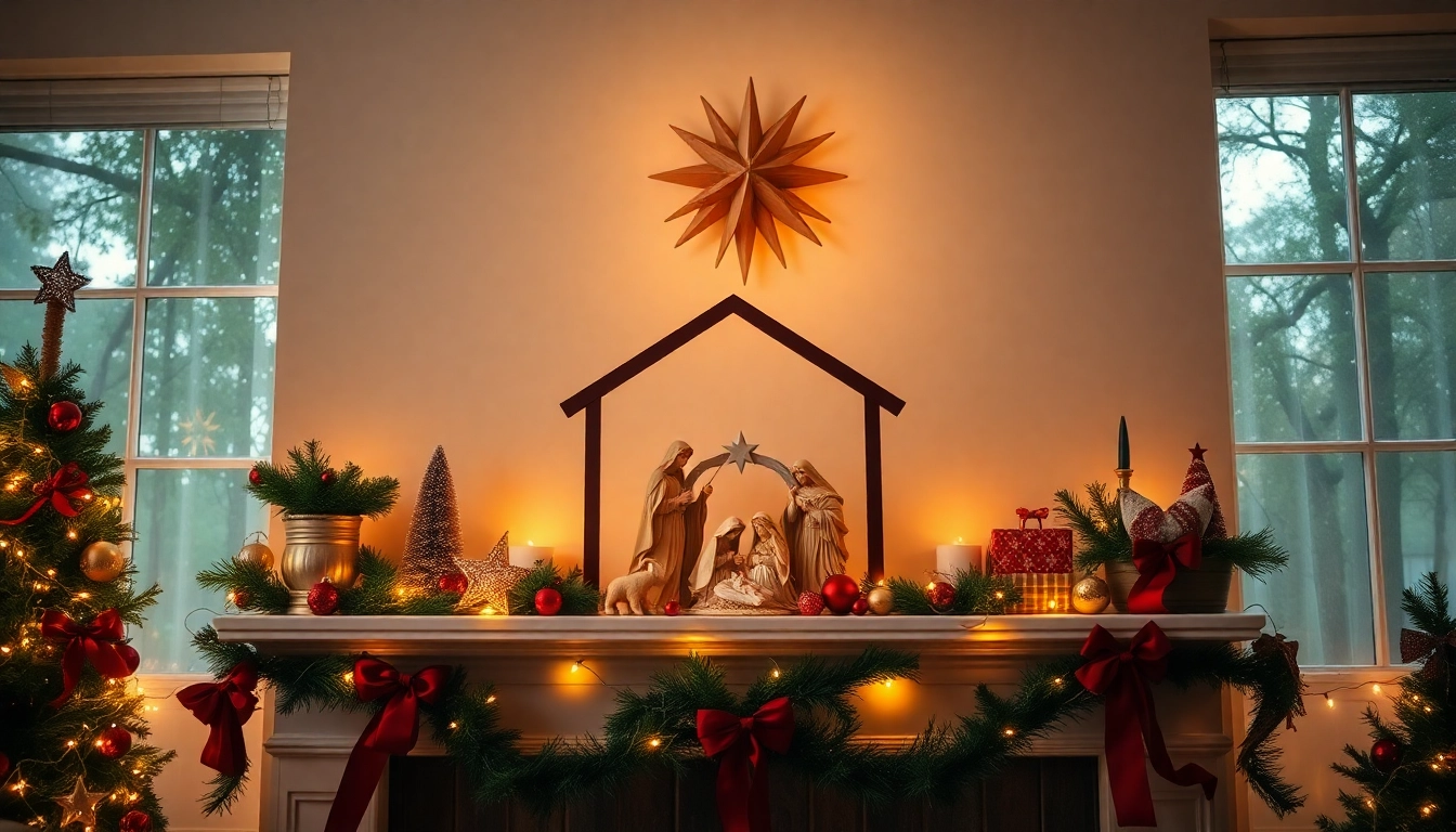 Nativity sets beautifully displayed in a decorated living room with warm lighting.