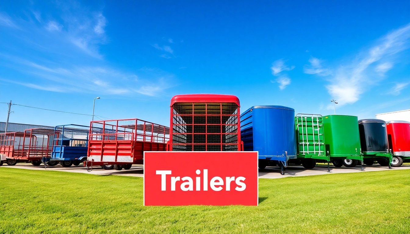 Find a selection of trailers near me arranged professionally at a dealership in clear weather.