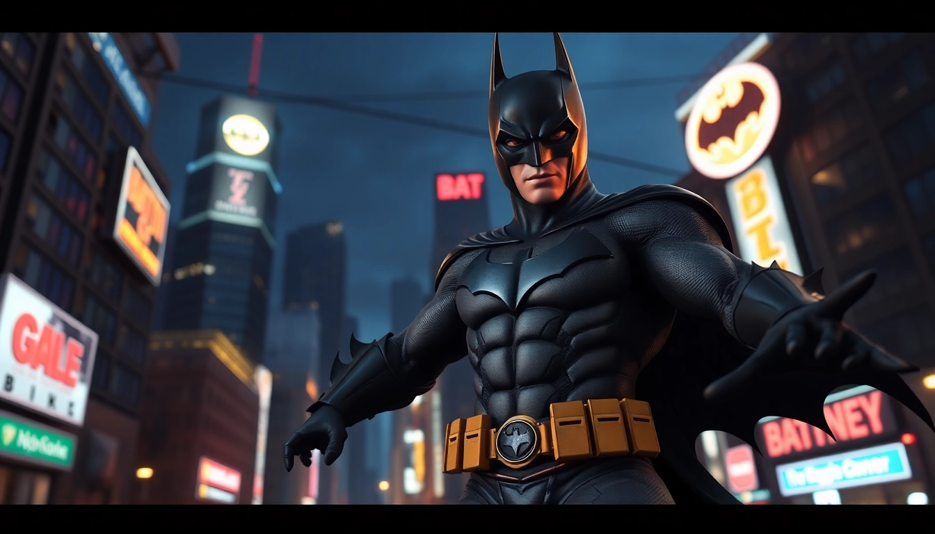 Menampilkan game batman138 dengan karakter superhero dalam aksi epik di latar belakang kota futuristik.