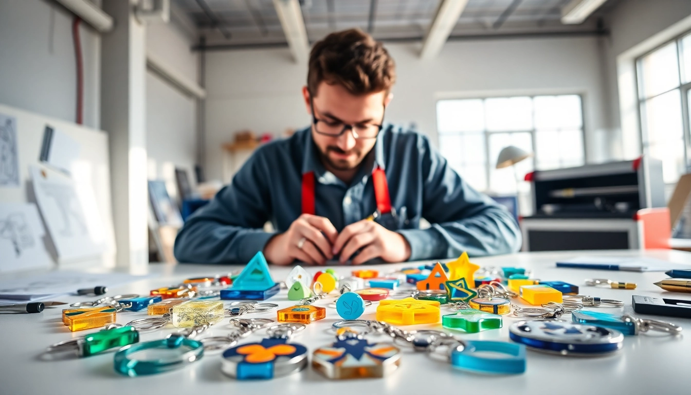 Acrylic keychain maker displaying colorful custom designs in a bright workshop.