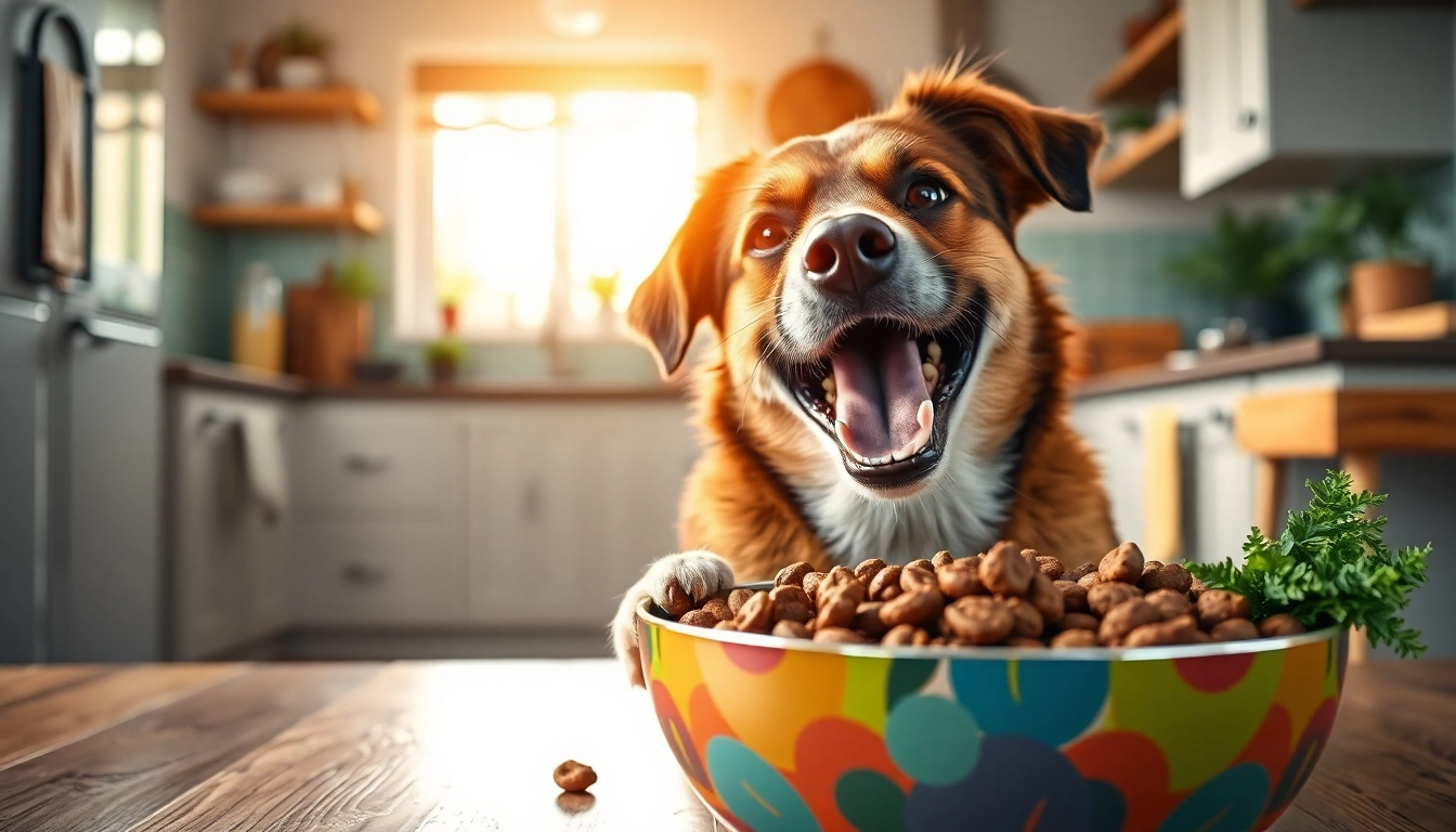 Dog happily eating badlands ranch superfood complete from a colorful bowl in a cozy kitchen.