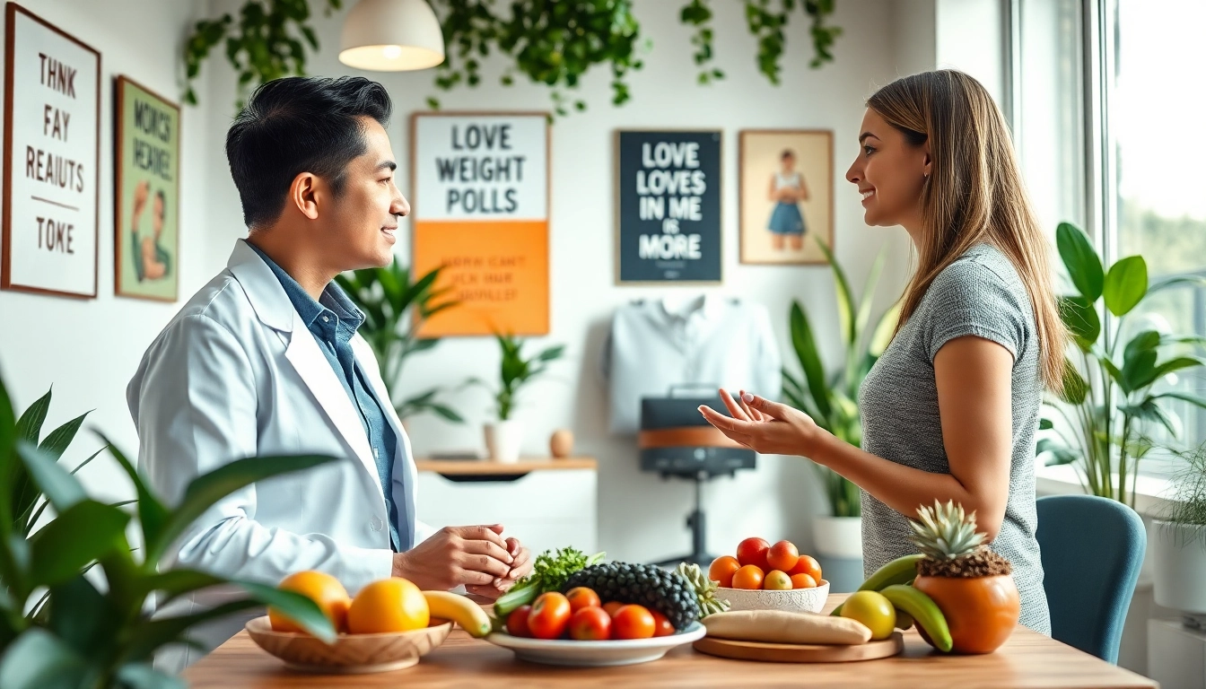 Client discussing a tailored lose weight program with a nutritionist in a bright office.