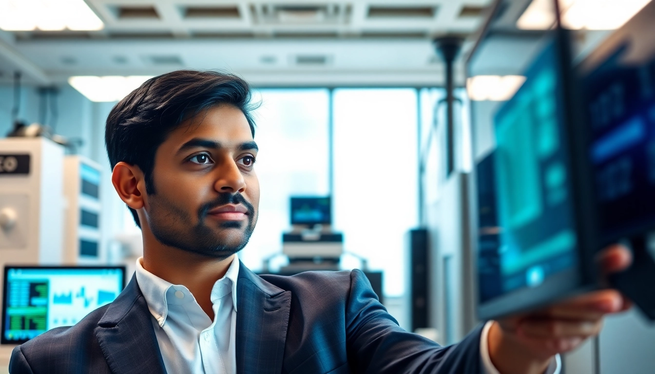 Aravind Srinivas engaging with technology in a modern office, showcasing leadership qualities.