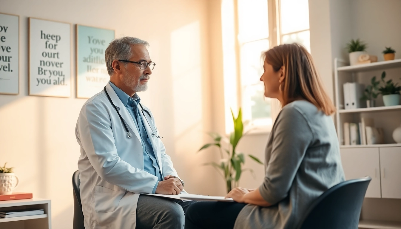Psychiatrist listening attentively to a patient in a serene office environment.