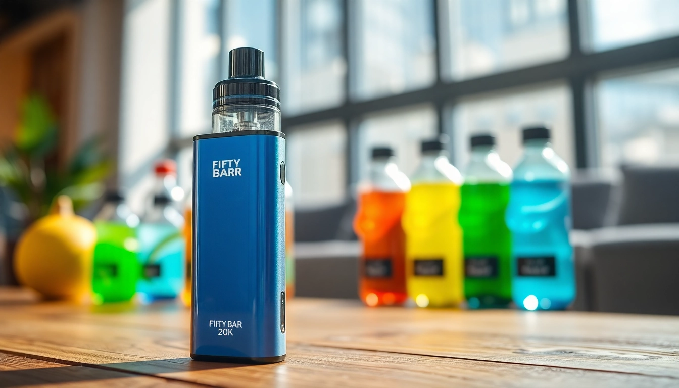 Showcase the FIFTY BAR 20K disposable vape with vibrant e-liquids in a cozy lounge setting.