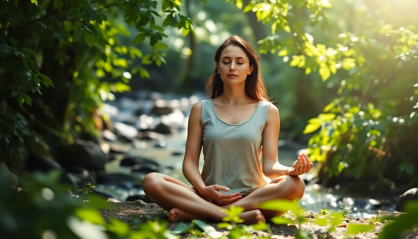 Embracing healing trauma through meditation in a serene forest environment.