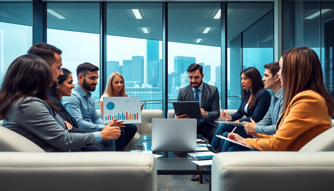 Engaged professionals discussing competitive intelligence strategies in a modern conference room.