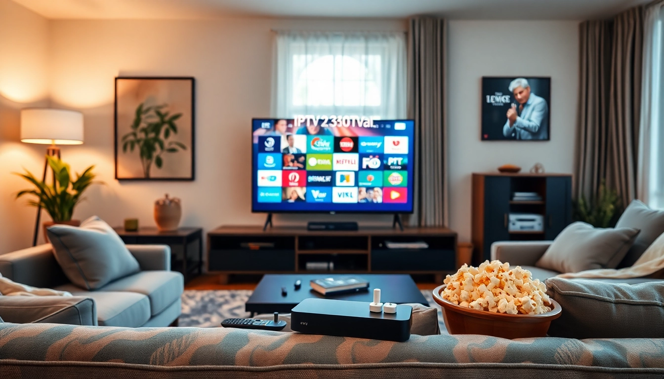 Comprar IPTV en un elegante ambiente de entretenimiento con una televisión moderna.