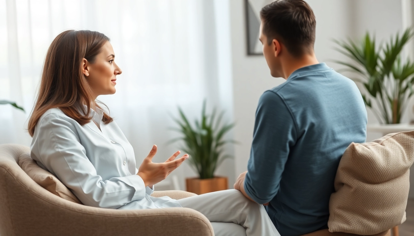 Supportive therapist engaging with a patient about anxiety in a serene office.
