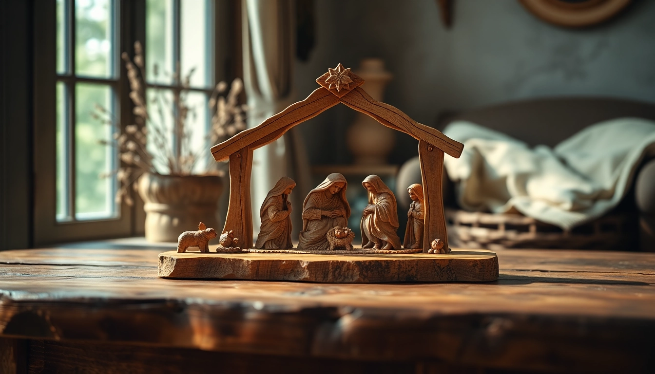 Admiring olive wood carvings showcasing detailed craftsmanship of nativity scenes.